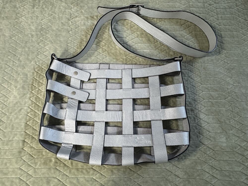 Samsonite Leather Tote Bag Silver Metallic Laptop Vintage Crossbody